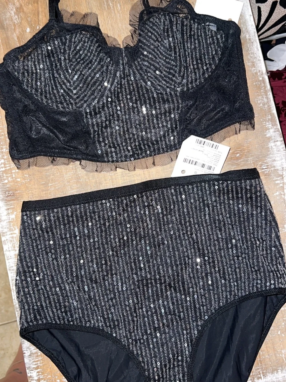 Wild Fable Black Sequin Lace Longline Bralette & High-Rise Hot Pants Set